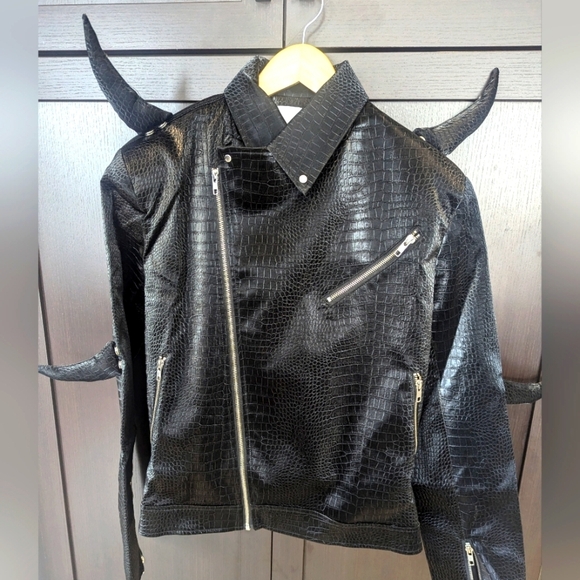 Men's Crocodile Pattern Vegan Leather Jacket with Magnetic Horns -NWT size S - Picture 6 of 8